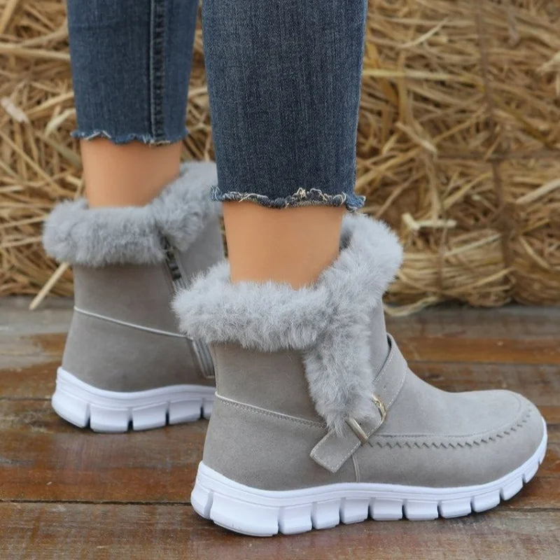 Plush Zippered Snow Boots With Buckle Design