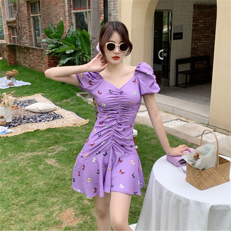 V-neck Pleated Puff Sleeve Ruffle Printed Dress