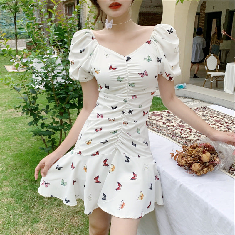 V-neck Pleated Puff Sleeve Ruffle Printed Dress