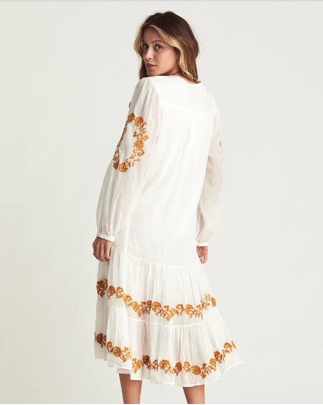 V-neck Embroidered Loose Dress