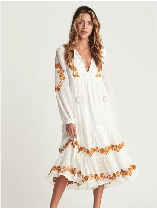 V-neck Embroidered Loose Dress