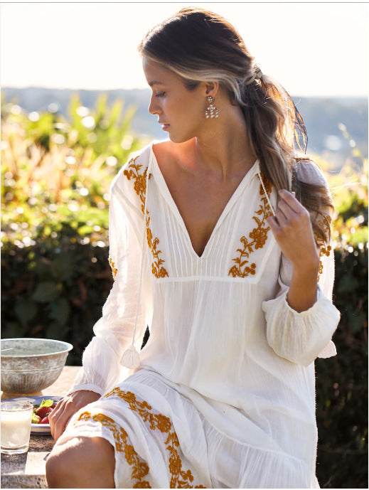 V-neck Embroidered Loose Dress