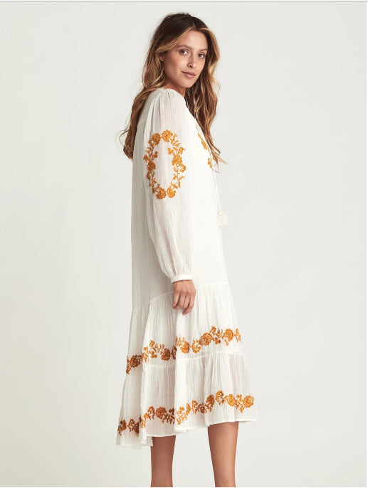 V-neck Embroidered Loose Dress