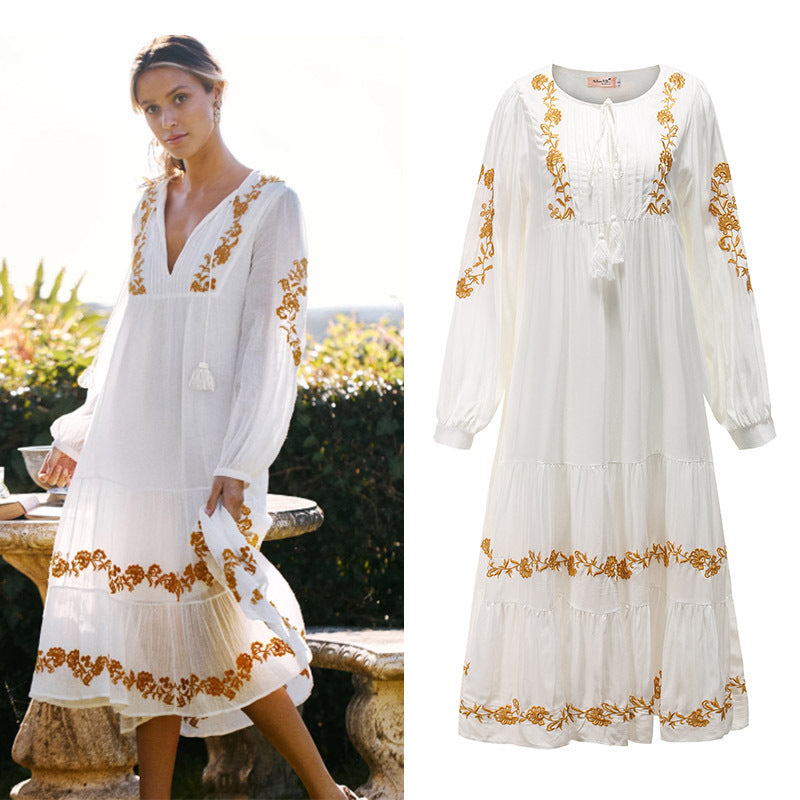 V-neck Embroidered Loose Dress