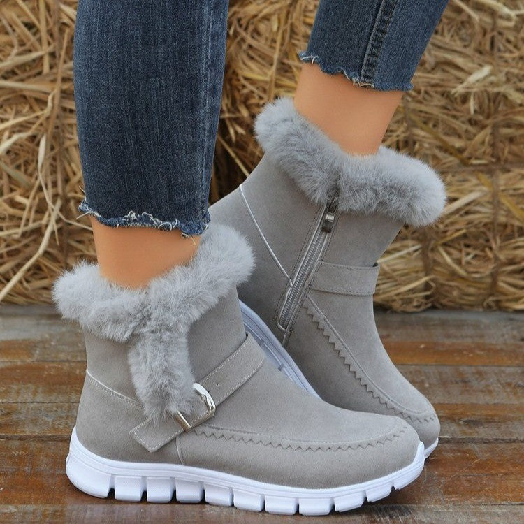 Plush Zippered Snow Boots With Buckle Design